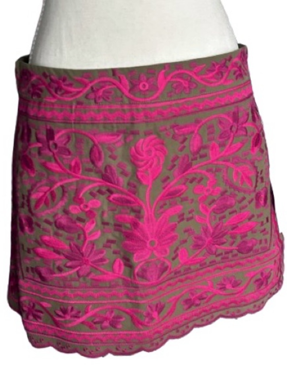 NWT J. MARIE Embroidered Floral Skirt Olive Green Fuchsia Boho Designer Cotton - Picture 11 of 16